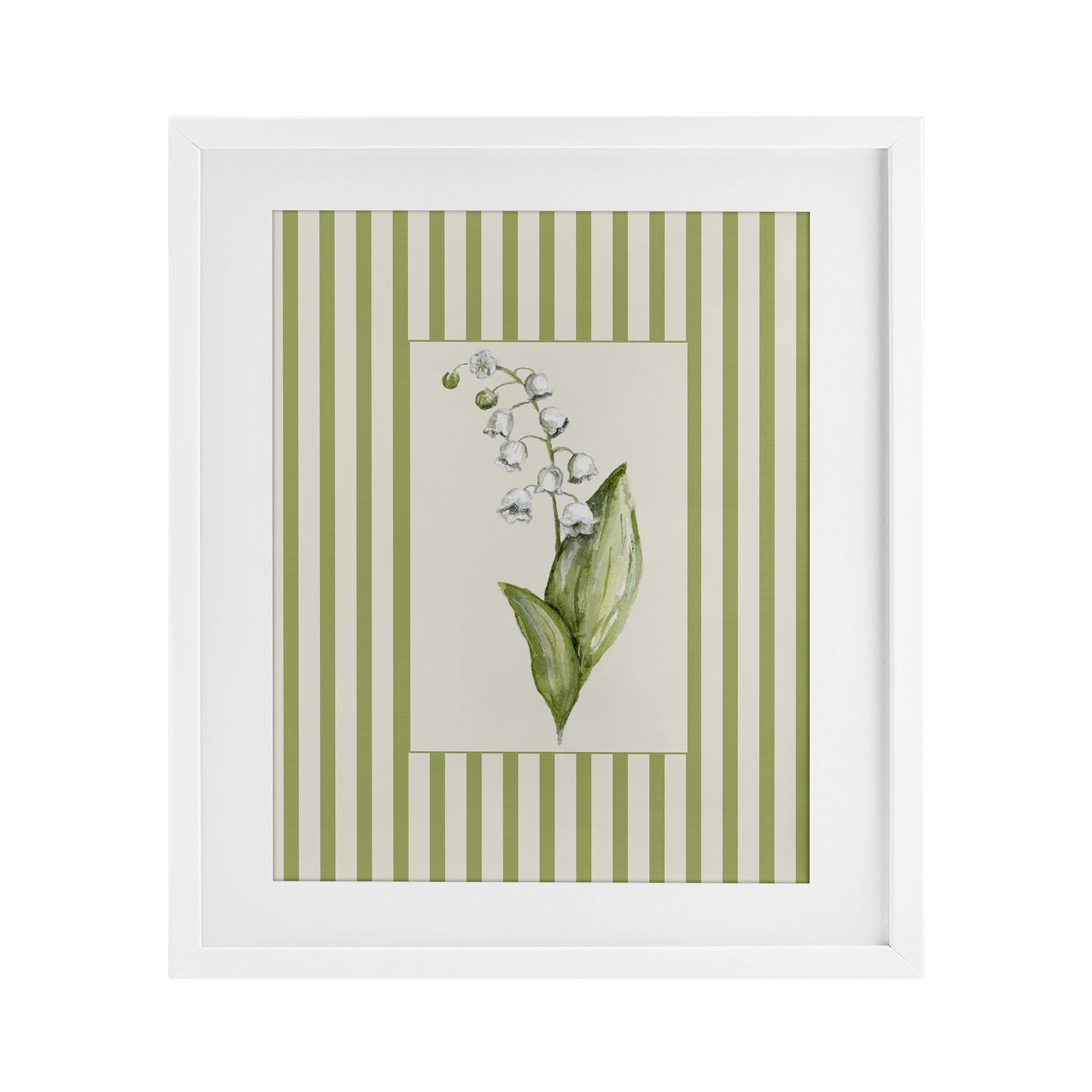 Striped Lily Of The Valley White Framed Print Under Glass, design by Lisa Wehmeyer