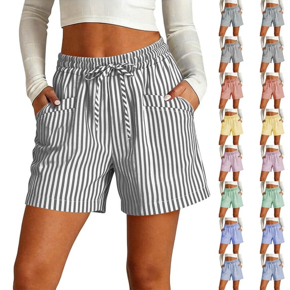 Striped Linen Bermuda Shorts for Women High Waisted Drawstring Gauze Shorts with Pockets Casual Summer Beach Outfits, S