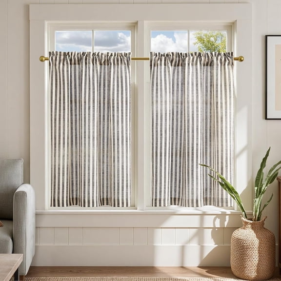 Striped Linen Kitchen Curtains 36 Inches Length Tier Curtains Farmhouse Modern Cafe Small Window Treatments Airy Light Filtering Rod Pocket for Living Room Bathroom 2 Panels Jet Black