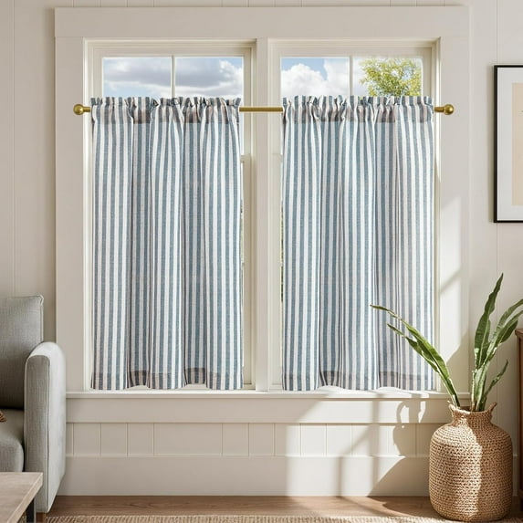Striped Linen Kitchen Curtains 36 Inches Length Tier Curtains Farmhouse Modern Cafe Style Small Window Treatments Airy Light Filtering Rod Pocket for Living Room Bathroom 2 Panels Blue