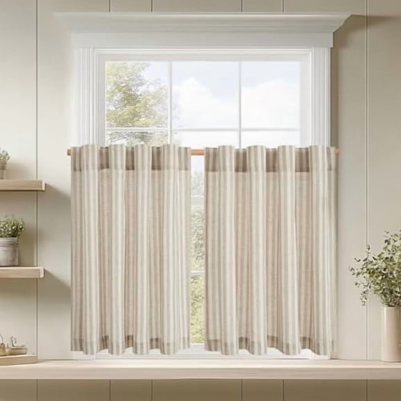 Striped Linen Kitchen Curtains 45 Inches Tier Curtains Farmhouse Modern Cafe Style Small Window Treatments Airy Light Filtering Rod Pocket for Living Room Bathroom 2 Panels Taupe Grey