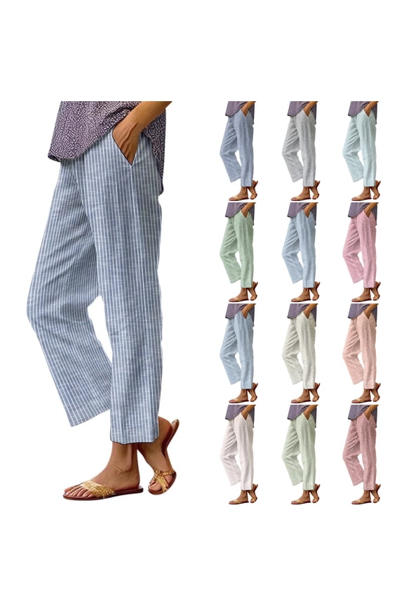 Striped Linen Pants Women 2026 Summer Plus Size Elastic Waist Straight Leg Cropped Pants Casual Boho Beach Trousers, XL
