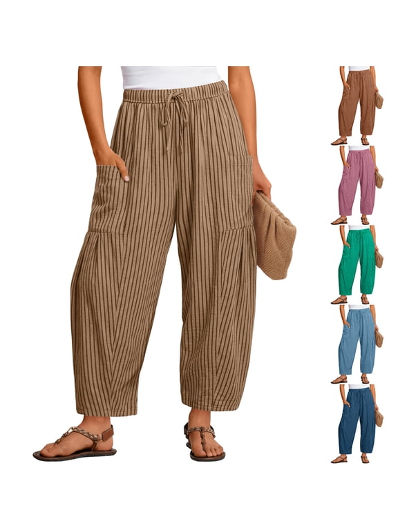 Striped Linen Pants Women Elastic Waist Drawstring Cotton Linen Casual Trendy Wide Leg Barrel Pants with Pockets, L