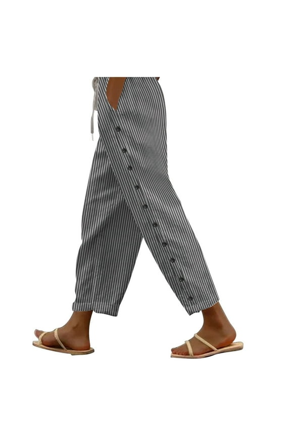 Striped Linen Pants Women Summer Casual Side Button Drawstring Pants Lightweight Boho Beach Pants Comfy Work Pants