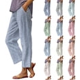thumbnail image 1 of Striped Linen Pants Women Summer Elastic Waist Straight Leg Cropped Pants Casual Boho Beach Trousers, L, 1 of 9