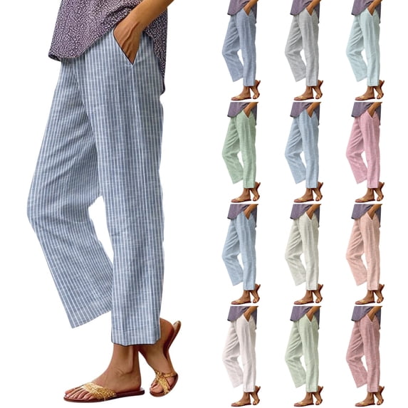 Striped Linen Pants Women Summer Elastic Waist Straight Leg Cropped Pants Casual Boho Beach Trousers, XL