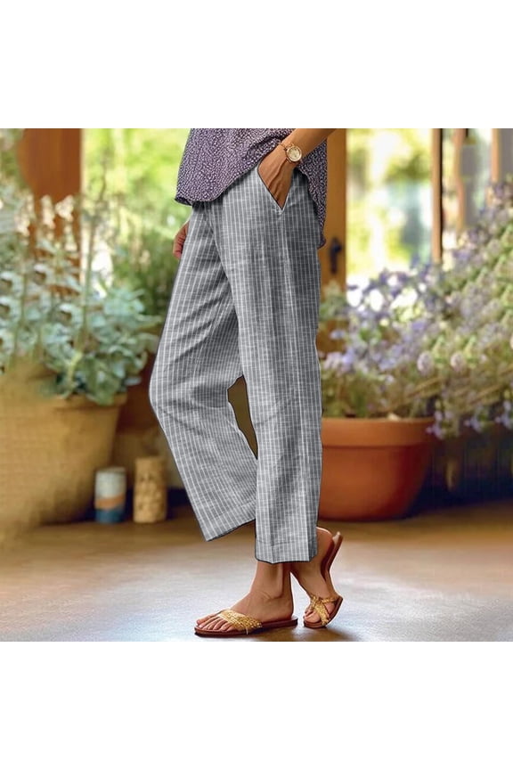 Striped Linen Pants Women Summer Plus Size Elastic Waist Straight Leg Cropped Pants Casual Boho Beach Trousers