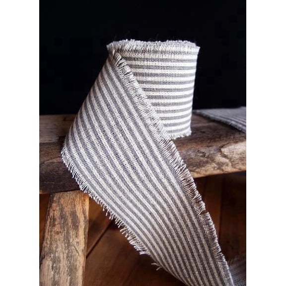 Burlap Fabrics Striped Linen Ribbon Grey - 2 Inch Wide x 5 Yard Roll with Fringed Edges