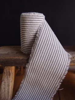 Burlap Fabrics Striped Linen Ribbon Grey - 3 Inch Wide x 5 Yard Roll with Fringed Edges