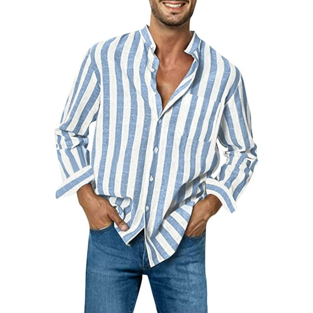 Mens collarless button up shirt hot sale