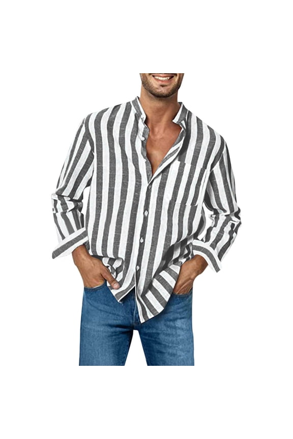 Striped Linen Shirts Mens Long Sleeve Collarless Button Up Shirt with Chest Pocket Relaxed Fit Casual Blouse (M, Black)