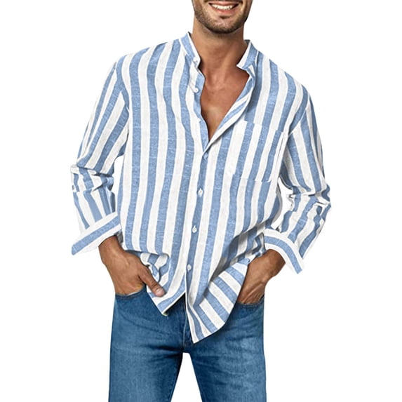 Striped Linen Shirts Mens Long Sleeve Collarless Button Up Shirt with Chest Pocket Relaxed Fit Casual Blouse (XL, Light Blue)