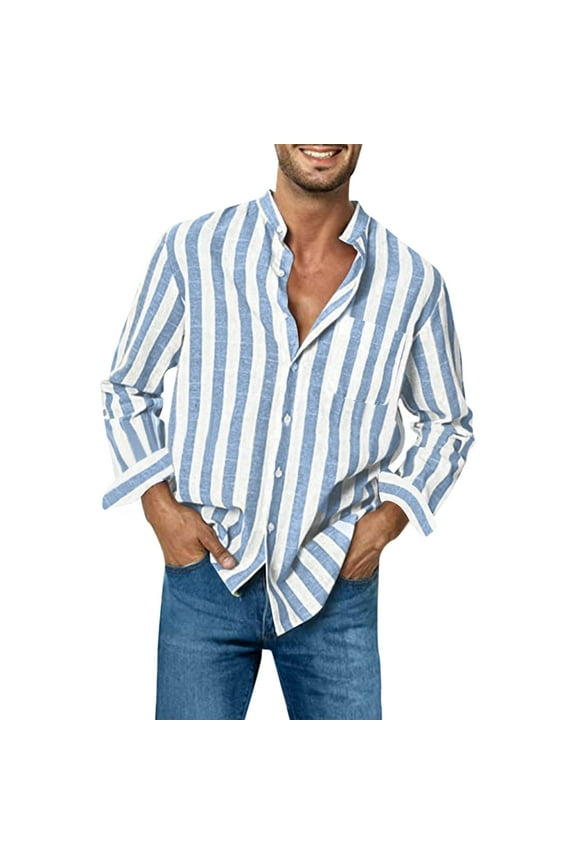 Striped Linen Shirts Mens Long Sleeve Collarless Button Up Shirt with Chest Pocket Relaxed Fit Casual Blouse (XL, Light Blue)