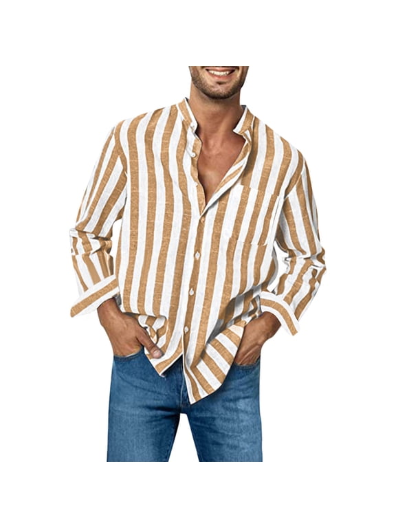 Striped Linen Shirts Mens Long Sleeve Collarless Button Up Shirt with Chest Pocket Relaxed Fit Casual Blouse (XL, Yellow)