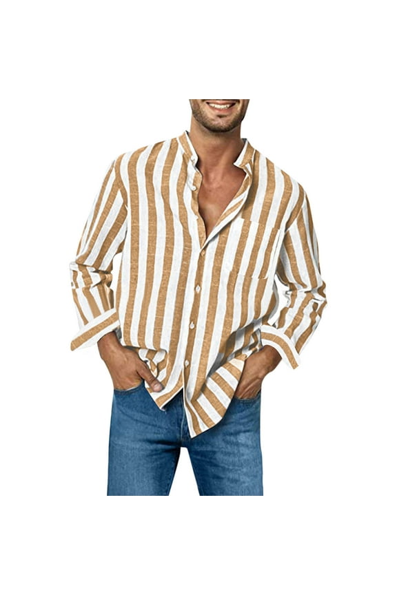 Striped Linen Shirts Mens Long Sleeve Collarless Button Up Shirt with Chest Pocket Relaxed Fit Casual Blouse (XL, Yellow)