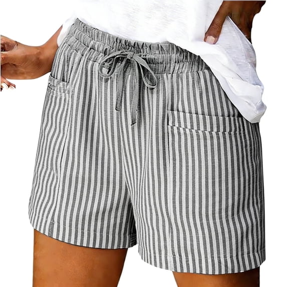 Striped Linen Shorts for Women Drawstring High Waisted Bermuda Shorts Summer Casual Loose Fit Bottoms with Pockets, 2XL