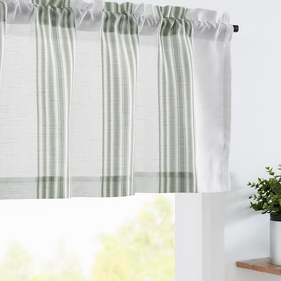 Striped Linen Valance Curtain 16 Inch Vertical Striped Valance for Kitchen Bathroom Light Filtering Window Treatment Rod Pocket Farmhouse Rustic Semi Sheer Short Window Curtain 1 Panel Green