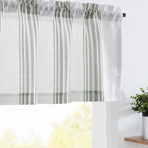 Striped Linen Valance Curtain 16 Inch Vertical Striped Valance for Kitchen Bathroom Light Filtering Window Treatment Rod Pocket Farmhouse Rustic Semi Sheer Short Window Curtain 1 Panel Green