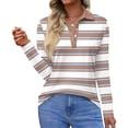 thumbnail image 1 of Striped Long Sleeve Polo Shirts for Women Business V Neck Collared Tops Button Down Loose Fit T Shirt Watermelon Red S, 1 of 4