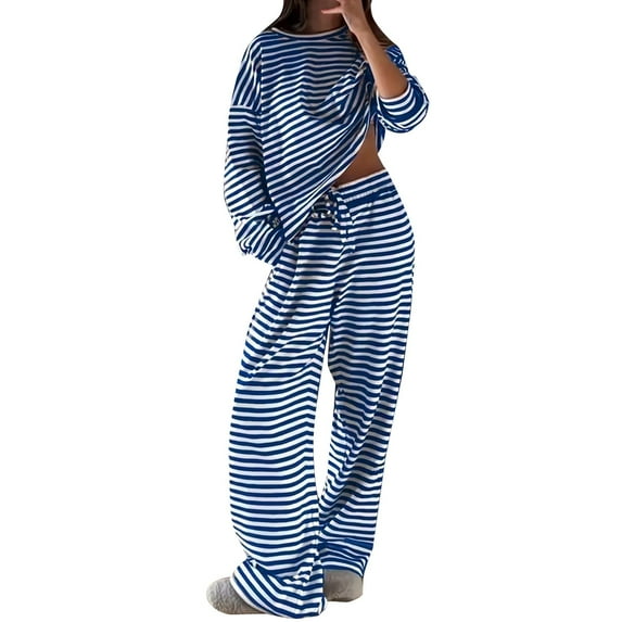 Striped Long Sleeve Set, Hugcore Striped Sets Women 2 Piece Outfits Loungewear Long Sleeve Top and Wide Leg Pant Set Fall Winter Cozy Soft Pjs for Women Set Blue, 2XL