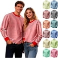 thumbnail image 1 of Striped Long Sleeve Shirt Men Crew Neck Color Block Basic Tops Pullover Loose Big and Tall Sweatshirt for Spring Summer Unisex (Deep Red, XL), 1 of 4