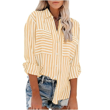 Striped Long Sleeve Shirt Women Button Down Collar Shirts With Pockets Loose Fit V Neck Tops Fall Casual Blouses