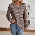 thumbnail image 1 of Striped Long Sleeve Shirt Women Waffle Knit Tops V Neck Shirts Womens Blouses Basics Clothing Cruise Outfit Coffee S, 1 of 6