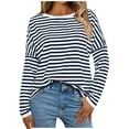 thumbnail image 1 of Striped Long Sleeve Shirt Women, Yigetop Women's New Round Neck Long Sleeved Loose T Shirts Female Comfortable Commute Fashion Long Sleeved Lady T Shirt Striped Shirt Women Blue L, 1 of 5