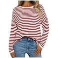 thumbnail image 1 of Striped Long Sleeve Shirt Women, Yigetop Women's New Round Neck Long Sleeved Loose T Shirts Female Comfortable Commute Fashion Long Sleeved Lady T Shirt Striped Shirt Women Watermelon Red 3XL, 1 of 6