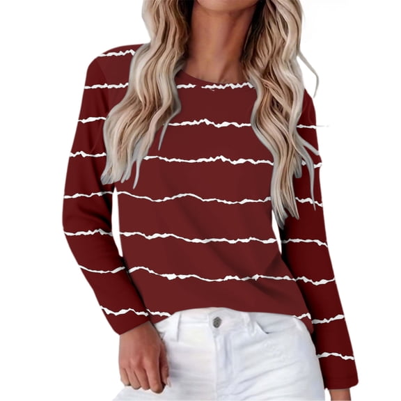Striped Long Sleeve Shirt Women, Yigetop Womens Striped Regular Fit Long Sleeve Crew Neck Fall Shirts Blouses Fall Winter Cute Pullover Going Out Tops, Red, L