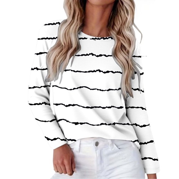 Striped Long Sleeve Shirt Women, Yigetop Womens Striped Regular Fit Long Sleeve Crew Neck Fall Shirts Blouses Fall Winter Cute Pullover Going Out Tops, White, XL
