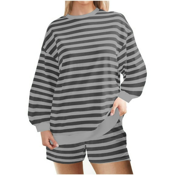 Striped Loungewear Sets for Women 2 Piece Oversized Outfits Long Sleeve Tops and Shorts Sweater Sweatsuit Set Going out Outfits Set S-142 Dark Gray M