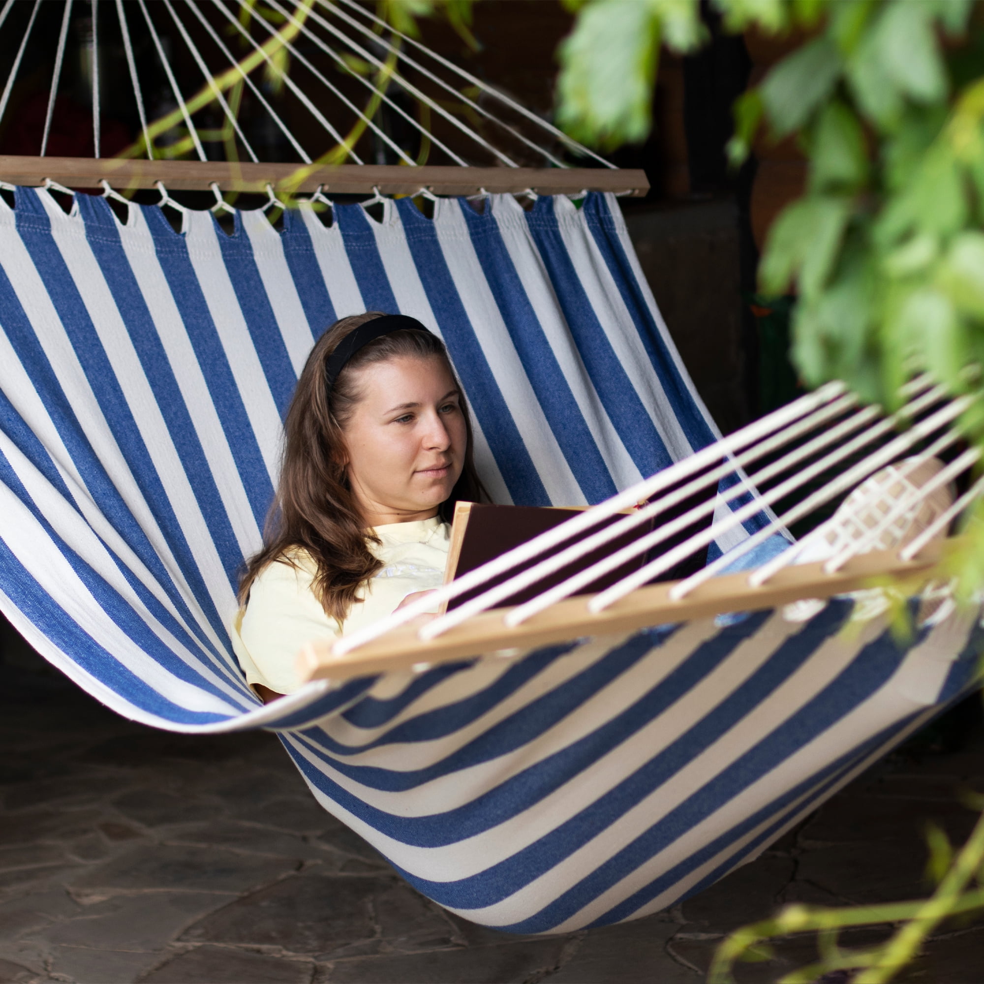 Northlight Striped Macrame Quilted Two Person Double Hammock - 9' x 56" - Blue and Cream