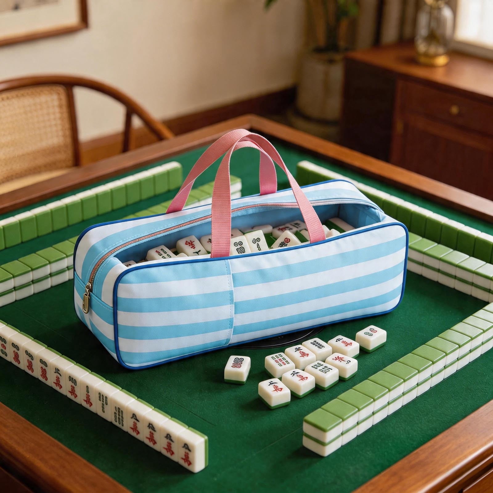 Striped Mahjong Tile Storage Bag, Zippered Tote with Handles, Portable Mahjong Set Organizer for Travel, Game Nights, and Home Storage, Fits Standard Mahjong Tiles and Accessories