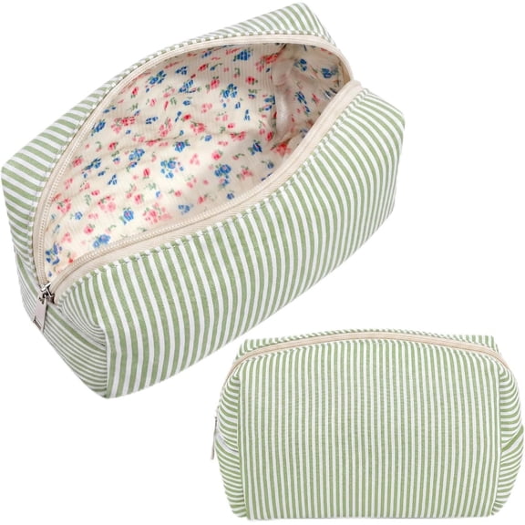 Striped Makeup Bag for Women Travel Bag Large Preppy Makeup Bags Cute Floral Toiletry Organizer Gifts for Skincare Brushes Beauty Accessories(Green)