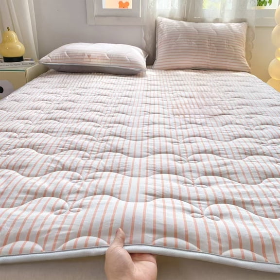 Striped Mattress Pad Thin Quilted Cotton Mattress Protector Washable Non-Slip Bottom Breathable Soft Cover for Home Bed Dormitory