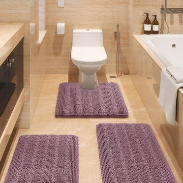 Striped Mauve Bathroom Rug Set 3 Pieces Gray Ultra Soft, Non Slip Absorbent Chenille Bath Mats