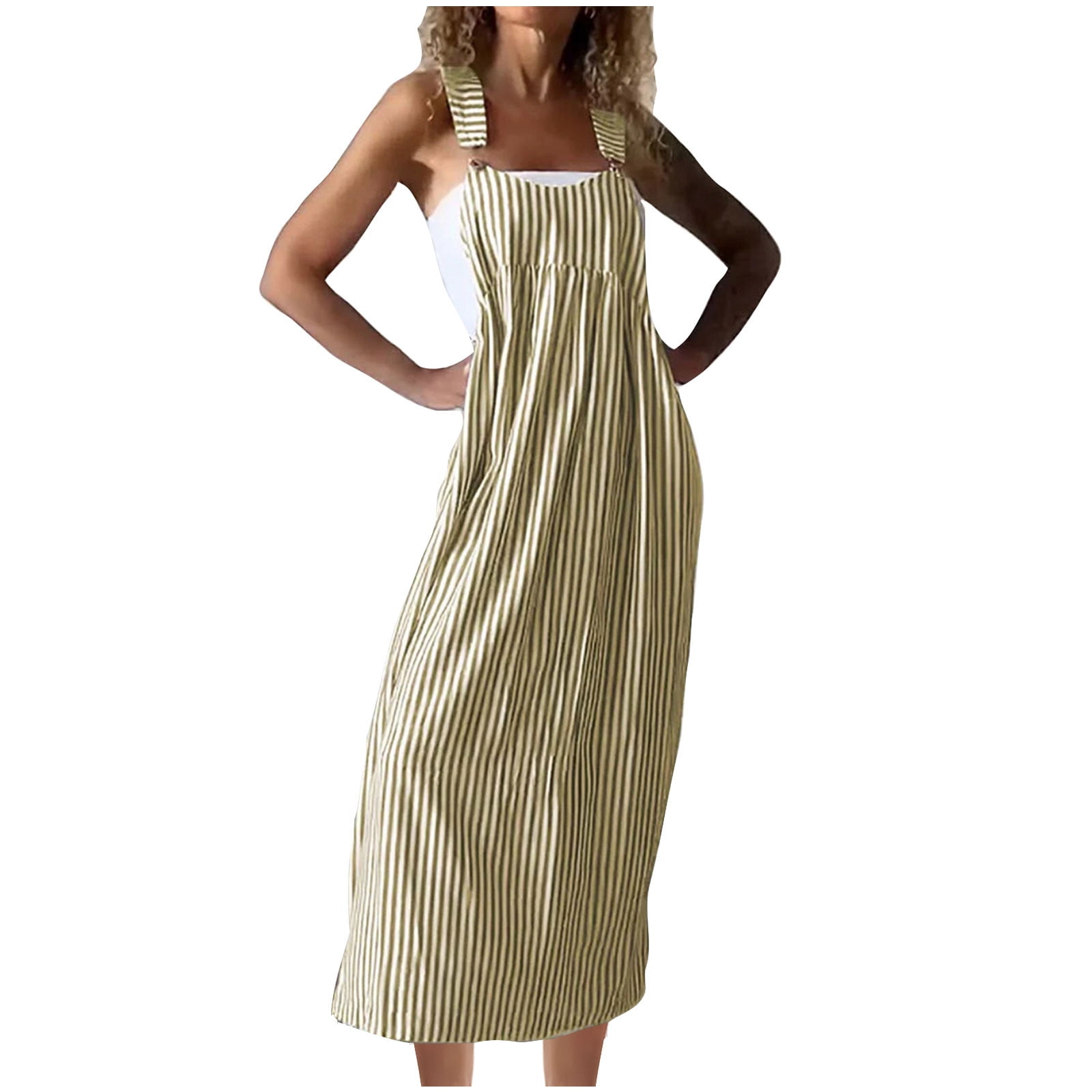 Striped Maxi Dress for Women Summer Y2k Square Neck Overall Dress Comfy Adjustable Strap Loose Long Beach Dresses