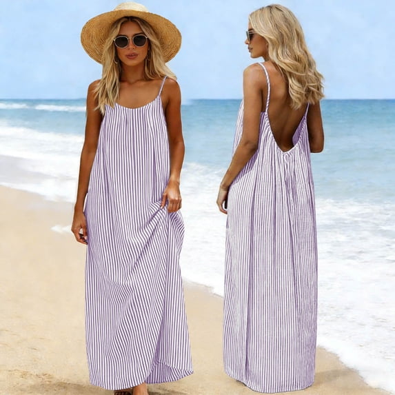Striped Maxi Dress with Open Back Womens Flowy Boho Beach Long Sundress for Vacation Daily Wear Purple 3XL