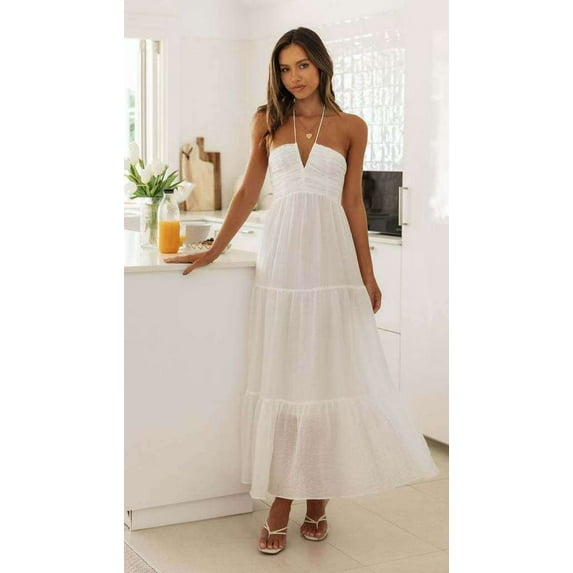 Striped Maxi Dress with Tie Straps (S, White)