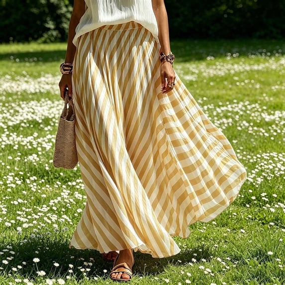 Striped Maxi Skirts for Women Flowy Loose Fit Elastic Waist A-Line Long Skirts Summer Casual Beach Vacation Skirts, 2XL