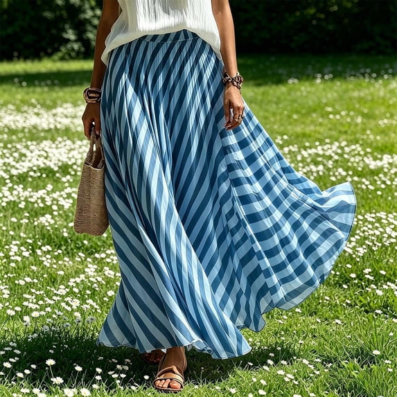 Striped Maxi Skirts for Women Flowy Loose Fit Elastic Waist A-Line Long Skirts Summer Casual Beach Vacation Skirts, S