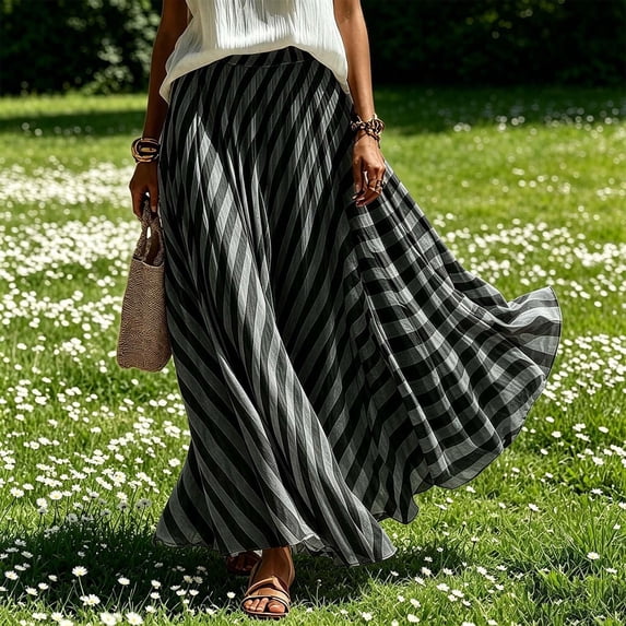 Striped Maxi Skirts for Women Flowy Loose Fit Elastic Waist A-Line Long Skirts Summer Casual Beach Vacation Skirts, XL