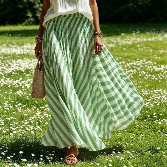 Striped Maxi Skirts for Women Flowy Loose Fit Elastic Waist A-Line Long Skirts Summer Casual Beach Vacation Skirts, XL