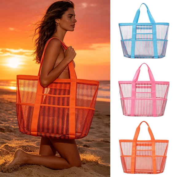 Striped Mesh Beach Bag Large Capacity Multi-Functional Tote for Pool Travel Gym Outings(2#Orange)