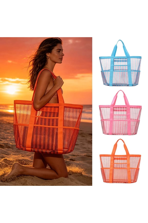 Striped Mesh Beach Bag Large Capacity Multi-Functional Tote for Pool Travel Gym Outings(2#Orange)