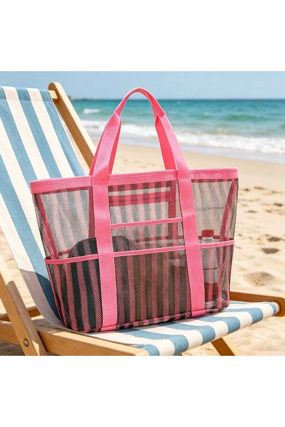 Striped Mesh Beach Bag Large Capacity Multi-Functional Tote for Pool Travel Gym Outings(2#Pink)