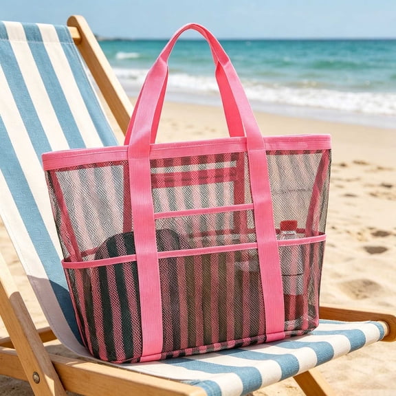 Striped Mesh Beach Bag Large Capacity Multi-Functional Tote for Pool Travel Gym Outings(2#Pink)