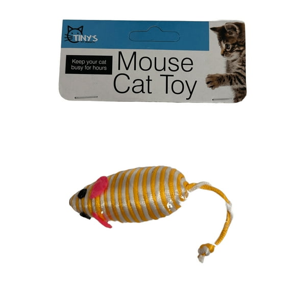 Striped Mice Cat Toy, Engage Your Feline’s Hunting Instincts with Stalking, Chasing, Chewing and Hide and Seek Fun, Rope Wrapped Plastic Mouse with Twisted Tail for Endless Playtime, Yellow, White