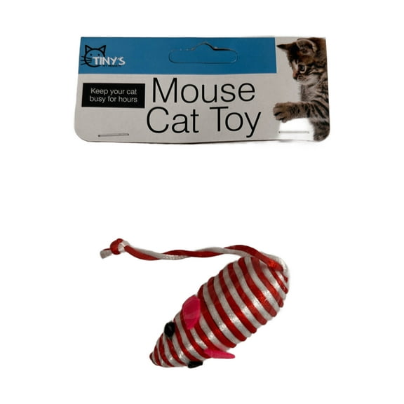 Striped Mice Cat Toy, Engage Your Feline’s Hunting Instincts with Stalking, Chasing, Chewing and Hide and Seek Fun, Rope Wrapped Plastic Mouse with Twisted Tail for Endless Playtime, Red, White